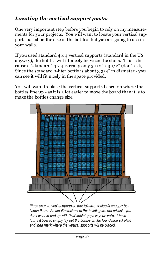 Locating the vertical support posts: One very important step before you begin to rely on my measure- ments for your projects. You will want to locate your vertical s ports based on the size of the bottles that you are going to use in your walls. If you used standard 4 x 4 vertical supports (standard in the US anyway), the bottles will it nicely between the studs. This is be- cause a “standard” 4 x 4 is really only 3 1/2x 3 1/2° (don’t ask). Since the standard 2-liter bottle is about 3 3/4” in diameter - you can see it willfit nicely in the space provided. You will want to place the vertical supports based on where the botles line up - as it is a lot easier to move the board than it is to make the bottles change size. Place your verticalsupports 5o tht fullsize botes it snuggly be- tween them. As the dimensions o the buiding are not crica - you don’t want to end up with *alf-botte® Gaps n your wall. 1 have found it bst to simply lay ot th bottes on the foundation sil plte and then mark where the vertical supports wil be placed. page 27